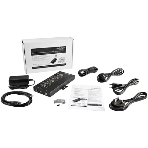 Heavy Duty 8 Port Serial Hub USB To RS232 RS422 RS485 Adapter with cables, user manual, and power supply in packaging.