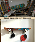 Heavy Duty Metal Snowboard Rack And Ski Wall Mount With Bottom Hooks To Stack Longboards And Skateboards Vertically Takes Zero Floor Space, wall-mounted design showcasing skateboard storage with helmet and gear.