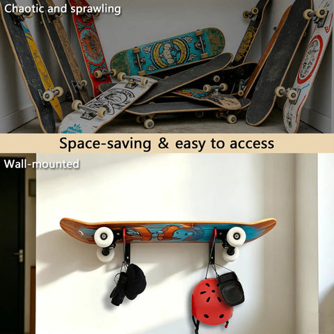 Heavy Duty Metal Snowboard Rack And Ski Wall Mount With Bottom Hooks To Stack Longboards And Skateboards Vertically Takes Zero Floor Space, wall-mounted design showcasing skateboard storage with helmet and gear.