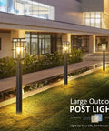 Outdoor Dusk To Dawn Post Light Set In Matte Black With Clear Glass Panels along garden pathway at night