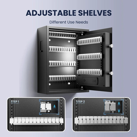Heavy Duty 103 Position Electronic Key Lock Box With Anti Theft Deposit Slot and adjustable shelves shown open