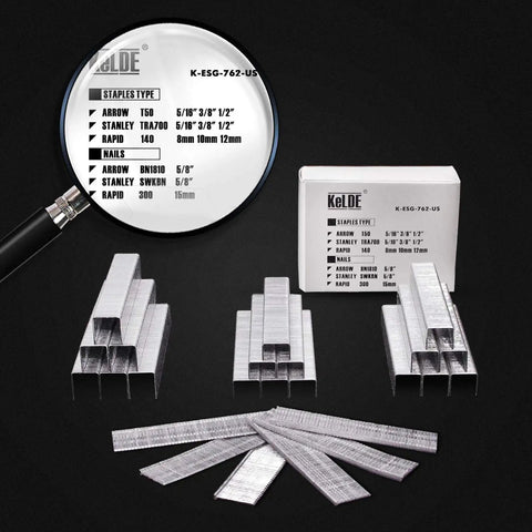 Assorted pack of staples and nails for 4 In 1 Electric Staple And Brad Nailer Gun with magnified label showing staple sizes.