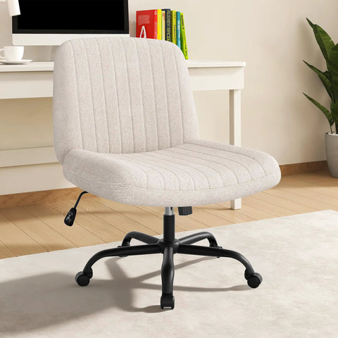Criss Cross Office Chair With Wheels Armless Swivel Task Chair For Home Office Height Adjustable With Five Leg Base And Smooth Casters Beige Modern Desk Chair For Computer Workstations And Daily Tasks in beige fabric.