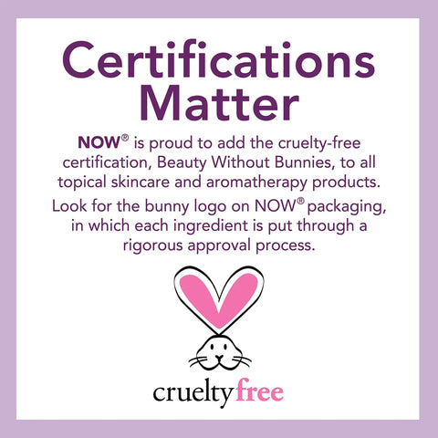NOW certifications matter sign with cruelty-free bunny logo and message on topical skincare and aromatherapy packaging.