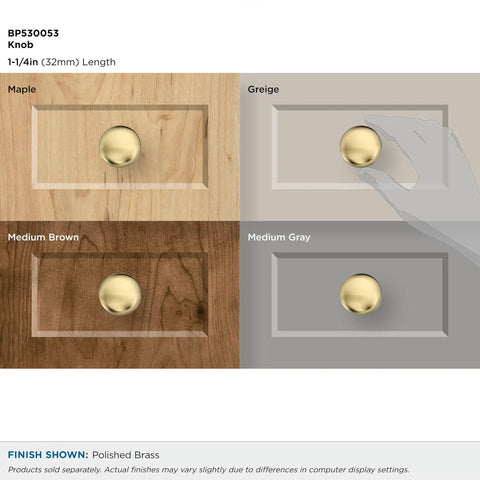 Edona Polished Brass Cabinet Knob 1-1/4 Inch Diameter for different cabinet finishes