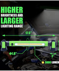 Diagram showing Magnetic 3000LM Rechargeable LED Work Light Bar With 5200mAh Battery dimensions and lighting range over a car engine.