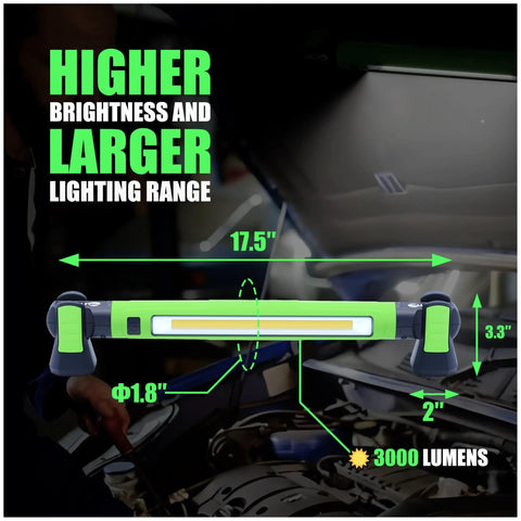 Diagram showing Magnetic 3000LM Rechargeable LED Work Light Bar With 5200mAh Battery dimensions and lighting range over a car engine.