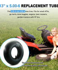 Lawn mower with 2-Pack Universal 13x5.00-6 Inner Tubes With TR13 Straight Valve Stem highlighted, replacement for various vehicles.