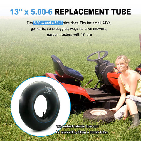 Lawn mower with 2-Pack Universal 13x5.00-6 Inner Tubes With TR13 Straight Valve Stem highlighted, replacement for various vehicles.