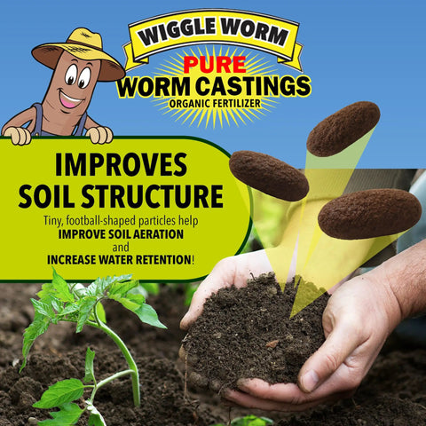 Hands holding soil with 100 Percent Pure Organic Worm Castings Fertilizer For A Serious Soil Boost Mineral Dense 15 Lbs Bag OMRI Listed Improves Fertility Aeration And Drainage For Houseplants Vegetables And Garden Growth.