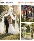 Heavy Duty PVC Garden Arbor Arch For Plant Climbing, 94 Inch Tall Backdrop Stand With Wide Entryway, Boss Backyard Vibes For Weddings Gardens And Festivals, Easy Setup, Weather Resistant White showing wedding setup with flowers and drapes.