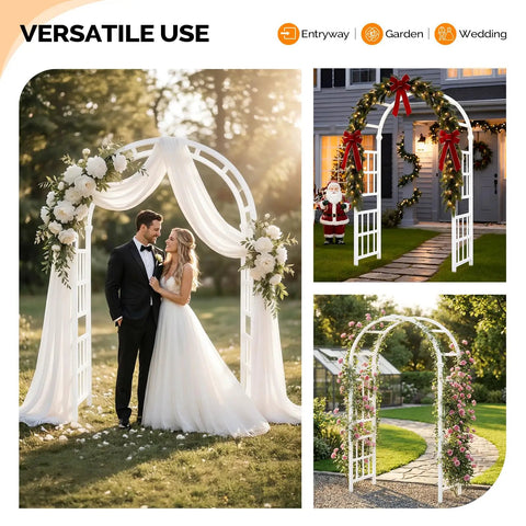 Heavy Duty PVC Garden Arbor Arch For Plant Climbing, 94 Inch Tall Backdrop Stand With Wide Entryway, Boss Backyard Vibes For Weddings Gardens And Festivals, Easy Setup, Weather Resistant White showing wedding setup with flowers and drapes.