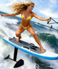 Woman riding Go-To Wind Wingfoil And Hydrofoil Board Kit With Inflatable Wing Pack, showcasing portable foiling in action.