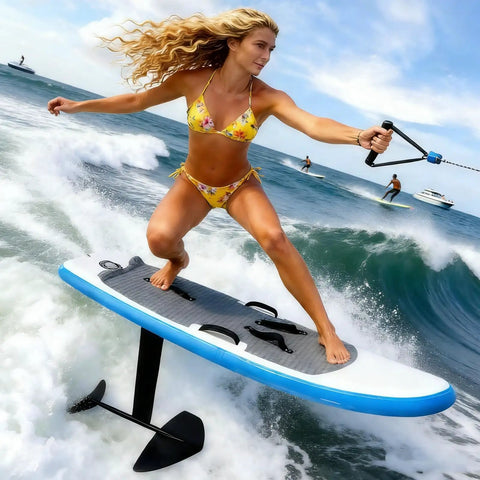 Woman riding Go-To Wind Wingfoil And Hydrofoil Board Kit With Inflatable Wing Pack, showcasing portable foiling in action.