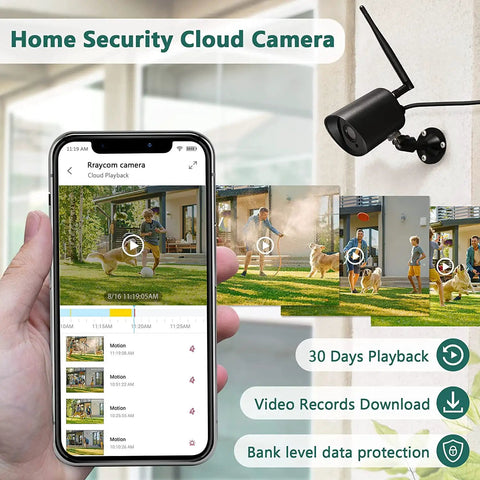 2 Pack Outdoor WiFi Security Cameras 2K Night Vision Motion Detection IP66 Waterproof Cloud Storage Alexa Compatible for Home Security, showing phone app interface and mounted camera on wall.