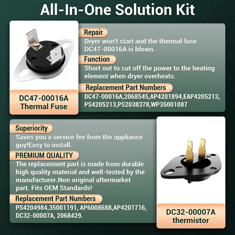 Dryer Repair Kit With Heating Element And Thermostat DC47-00019A DC47-00018A DC47-00016A DC96-00887A DC32-00007A Thermal Fuses And Thermistor Silver Finish