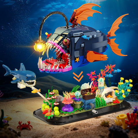 Epic Light Up Angler Fish Mechanical Building Kit With 1139 Pieces Including Shark And Jellyfish, Deep Sea Ocean Creature Build Set For Adults Teens 12 Plus, Interactive Display Toy And Lighting Gift