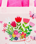 Mother's Day Gift Bags With Tissue Paper Floral Non-Woven Design 10x8x4.7 Inches Pink And Blue Two Pack Ideal For Wrapping Gifts For Mom Or Any Special Occasion, close-up of floral pattern with butterflies.