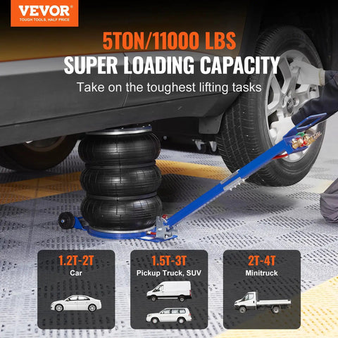 Heavy Duty Triple Bag Air Jack 5 Ton 11000 Lb Pneumatic Car Hoist for Trucks And Suv shown lifting a vehicle in garage.