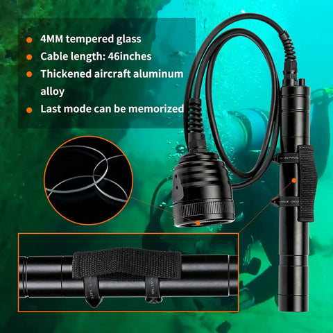 Killer 3000 Lumens Canister Dive Light Kit with Goodman Handle, thickened aluminum, 46-inch cable, 984 ft range, scuba diving use