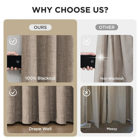 Comparison of 100% blackout pinch pleated blackout curtains for bedroom and living room with non-blackout alternative.