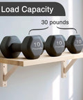 4 Pack Wall Mount Wood Shelf Brackets Triangle Design For Plank Sconce Or Plug In Pendant Lamp Decorative DIY Wood Bracket With Mounting Screws 10 Inch Sturdy Pine Construction showing load capacity of 30 pounds with dumbbells