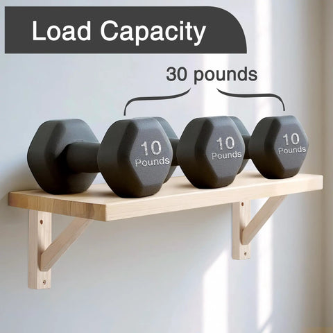 4 Pack Wall Mount Wood Shelf Brackets Triangle Design For Plank Sconce Or Plug In Pendant Lamp Decorative DIY Wood Bracket With Mounting Screws 10 Inch Sturdy Pine Construction showing load capacity of 30 pounds with dumbbells