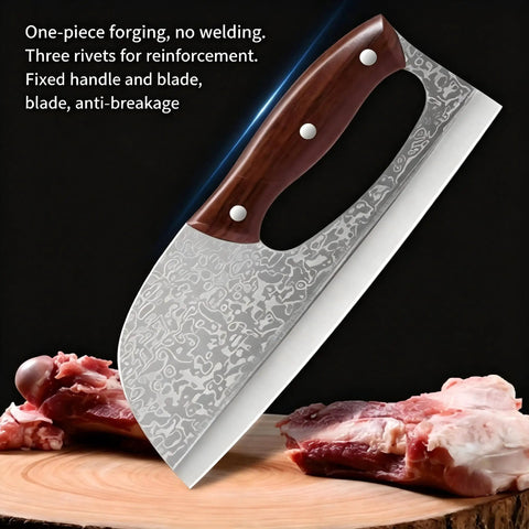 Close-up of 2 Piece Beast Mode Meat Cleaver Knife Set with wood handle and forged blade, slicing meat on a wooden board