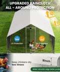 Large Walk In Chicken Coop With Solar Light And Outdoor Metal Poultry Cage With Run And Hardware Cloth Built Tough Waterproof And UV Resistant Hen House For Farm And Backyard showing UV-resistant roof and raincloth protection.