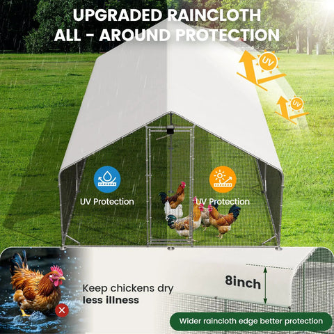 Large Walk In Chicken Coop With Solar Light And Outdoor Metal Poultry Cage With Run And Hardware Cloth Built Tough Waterproof And UV Resistant Hen House For Farm And Backyard showing UV-resistant roof and raincloth protection.