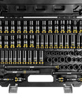 Super Tough Three Eighths Inch Drive Impact Socket Set Packing Sixty Seven Pieces Of Metric And Sae Shallow Deep And Swivel Sockets Complete With Extension Bars Adapters And Universal Joint Built From Solid Cr Mo Steel. open case with metric and SAE impact sockets