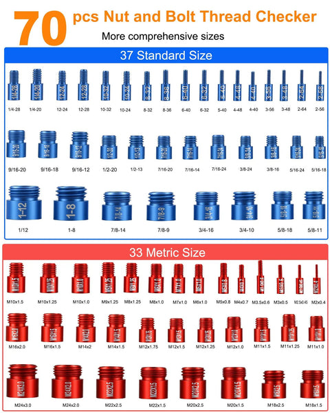 214 Piece Nut And Bolt Thread Checker Kit With Detachable Gauges For SAE And Metric Threads 70 Thread Gauges 37 Blue SAE 33 Red Metric Plus 144 Drill Gauges Pull Out Design For Tight Engine Bays CNC Machined Aluminum Built Tough, chart view