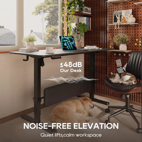 MALOL 56 Inch Electric Standing Desk With Adjustable Footrest Black shown in serene home office, featuring a digital display and quiet operation.