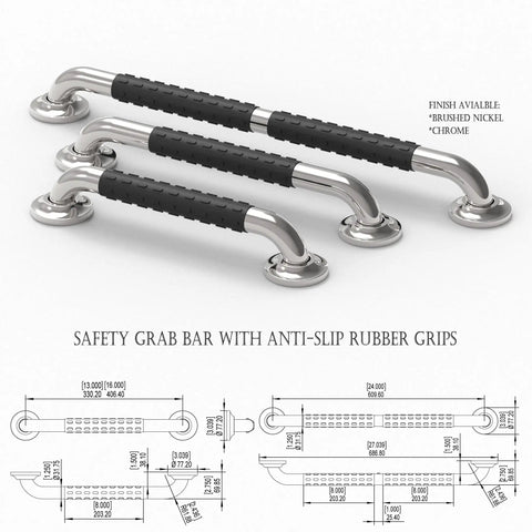 Image of 24 Inch Designer Bath Grab Bar With Anti Slip Silastic Soft Grip, Heavy Duty ADA Compliant 500 Lbs Weight Capacity, Brushed Nickel Finish, showing three bars with anti-slip grips and detailed dimensions below.