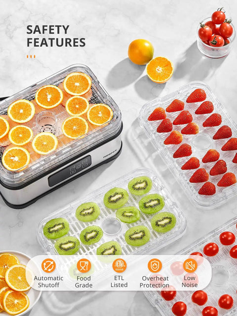 Totally Nifty Compact 5 Tier Food Dehydrator With BPA Free Trays filled with sliced oranges, strawberries, and kiwis.