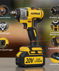 Hanwise 20V Cordless Impact Wrench with brushless motor, ergonomic handle, and variable speed trigger for versatile use.