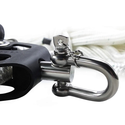 Close-up of Deluxe Fiddle Block Kit with Anodized Aluminum UniBody Frame for Tree Pulling and 1000 lb Working Load, visible cleat.