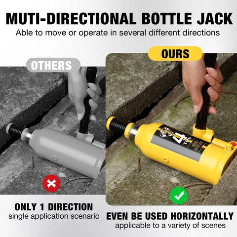 Two bottle jacks shown; yellow 4-ton multi-directional jack with handle in use on concrete surface.