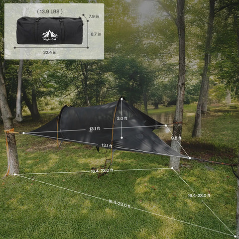 Two Person Triangle Hammock Tent For Easy Lay Flat Comfort With Three Point Setup Including Bug Net And Rainfly 13 Foot Long 440 Pound Capacity in forest
