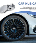 Car with sleek wheel showcasing Four Pcs Car Wheel Center Caps 60mm Outer Diameter 56mm Inner Diameter Universal Fit For SUV Sedan Truck ABS Snap In Hub Caps Rust Proof Anti Fall Off Slick Silver Finish.