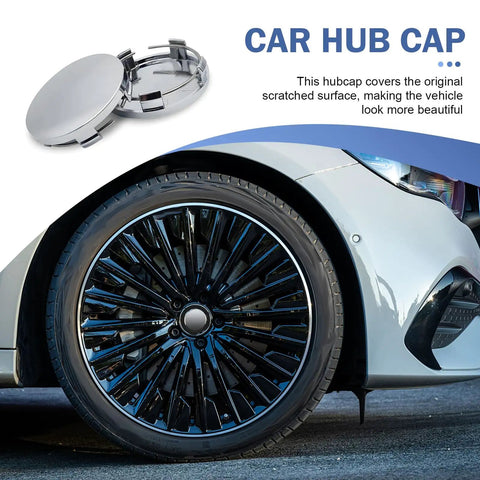 Car with sleek wheel showcasing Four Pcs Car Wheel Center Caps 60mm Outer Diameter 56mm Inner Diameter Universal Fit For SUV Sedan Truck ABS Snap In Hub Caps Rust Proof Anti Fall Off Slick Silver Finish.