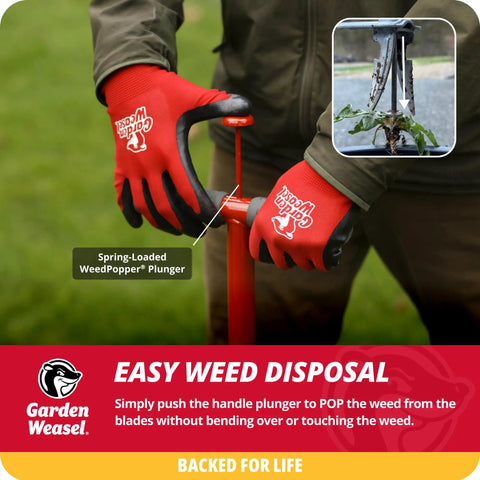 Person using Step And Twist Weed Popper Long Handle Stand Up Weeding Tool for Easy Weed Removal No Bending Over system in garden