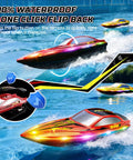 Two Pack Fast RC Boats For Kids With 4x1200mAh Batteries, 120 Minute Run Time, 7 LED Modes, Capsize Recovery on water