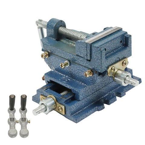 5 Inch Cross Slide Drill Press Vise With 2 Way X Y Travel Heavy Duty Iron Workhorse viewed from the side with mounted handles.