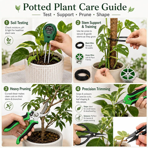 25 Piece Succulent And Bonsai Tools Set For Beginners Indoor Plant Care Kit With Repotting Mat Organizer Tote Soil Moisture Meter Pruning Shears Mini Garden Tools A Must Have Gift For Women And Men. plant care guide showing soil meter, wire ties, pruning shears and scissors