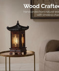 Handmade Korean Wood Lamp With Pagoda Design Asian Table Lantern For Nightstand And Bedroom Cozy Brown Oriental Light Rustic Hanok Style Home Decor Authentic Craftsmanship Great Gift Idea For Home on round table next to sofa