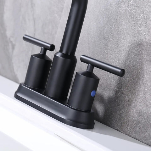 Close-up of 4 Inch Centerset Matte Black Bathroom Faucet With Two Handles High Arc Swivel Spout Pop Up Drain Assembly in brass