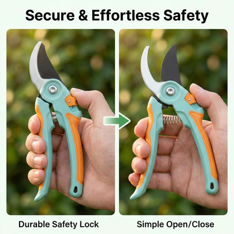 2 Pack Garden Pruning Shears And Precision Scissors Set showing open and closed 8 Inch Bypass Pruner with German SK5 steel blades