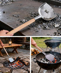 Long Handled Iron Fireplace Shovel With Wood Handle Ash Scoop For Fire Pit Garden Barbecue Camping Outdoor Cleanup displayed in different uses like barbecue grill and fire pit.