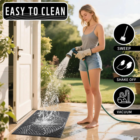 Woman cleaning All Weather Outdoor Doormat With Simple Stripes Waterproof Non Slip Heavy Duty Front Door Mat For Indoor Garage And Patio Dark Grey 29 By 17 Inches Now with hose